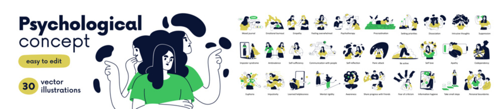 Psychology and mental health concepts set. Woman characters wellbeing, mind and psychology disorders, self-love, therapy, empathy. Mental health wellbeing concepts. Flat vector illustrations