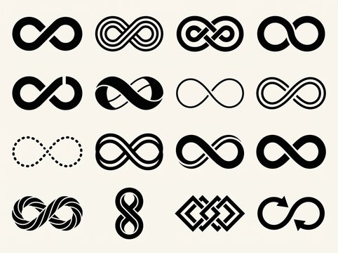 Set of Black Infinity Symbols and Loop Icons in Various Graphic Styles Isolated on Light Background