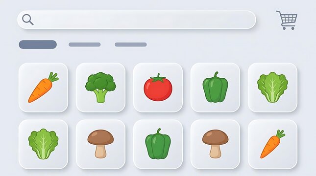 Mobile app interface showing fresh vegetable grocery icons.