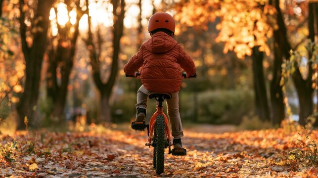 Young child riding bicycle on autumn forest path wearing orange jacket and helmet with vibrant fall foliage background in soft golden sunlight