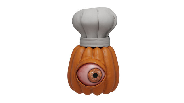Creepy chef cyclops Halloween pumpkin wearing chef hat with giant eyeball on transparent background with alpha channel for horror restaurant concept and seasonal decoration