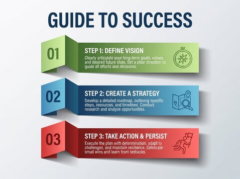 Business Infographic Template with Three Numbered Steps for Success Guide and Strategic Planning Process