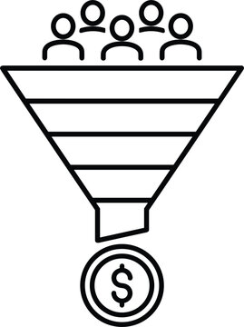 Sales funnel line icon displaying consumer traffic converting into monetary profit for business marketing optimization strategy chart