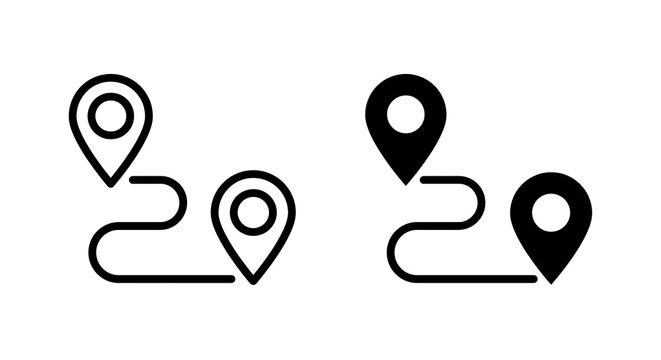Set of two route location pin icons connected by winding path lines on transparent background. concept of location route
