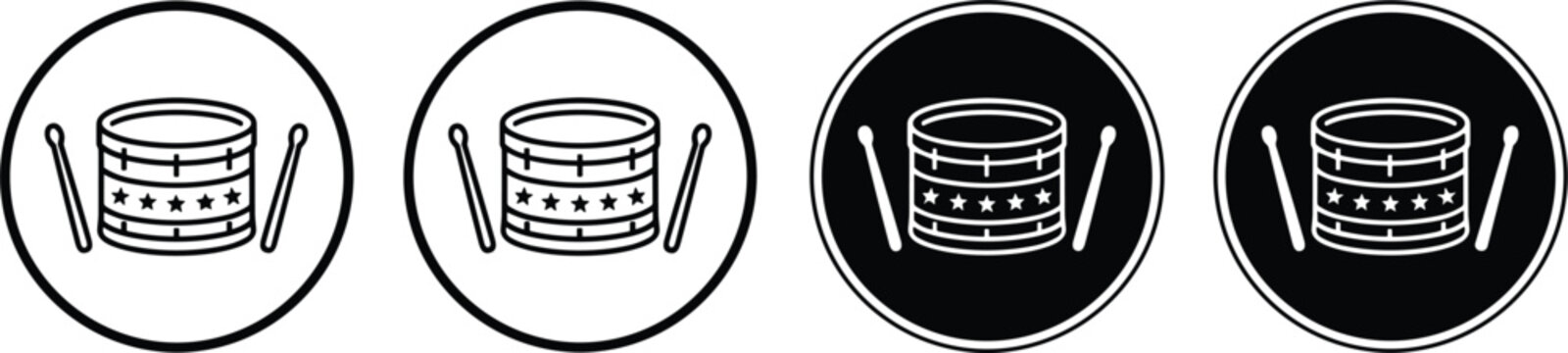 Snare drum with drumsticks circular badges set in line and reverse solid styles for marching band music logo