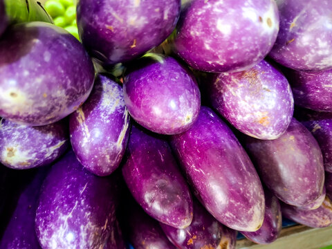 close-up pile of vibrant purple eggplants showing smooth skin and bright color.