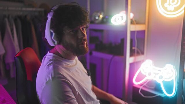 Man with headphones and visible microphone forms heart with hands toward camera beside neon controller sign in a gaming studio while seated in a red chair; warm affection.