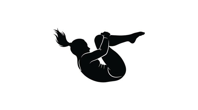 Silhouette of a woman performing a tuck jump or diving pose isolated on white background