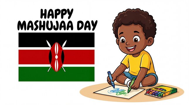 hild drawing Kenyan flag, celebrating Mashujaa Day with national pride. Illustration depicts cultural identity, honoring heroes on Mashujaa Day. Artwork for educational content, social media
