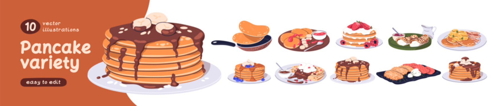 American pancake stacks set. Crepes with chocolate topping, jam, honey, maple and caramel syrup, fruits, berries, bacon. Yummy sweet pan cakes. Flat vector illustrations isolated on white background