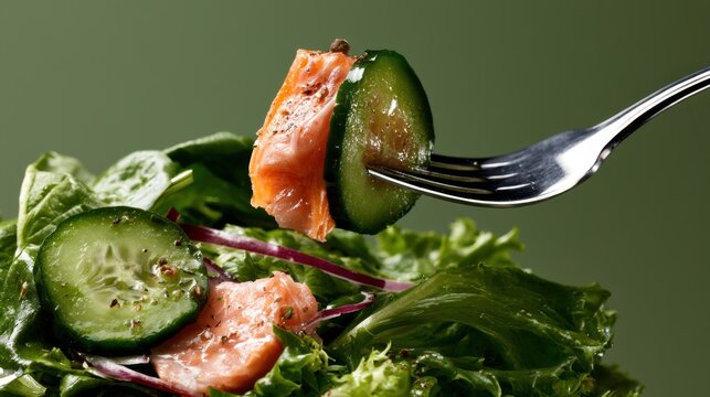 Fresh green leafy salad with crisp cucumber slice and tender pink salmon piece speared on silver fork, healthy low calorie meal, close-up detail food image