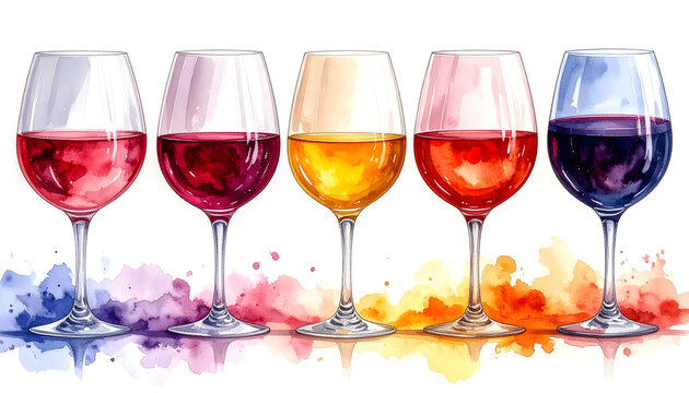 Loose watercolor row of five wine glasses showcasing tasting flight with soft washes feeling elegant generative AI