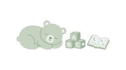 A cute sage green vector illustration featuring a sleeping bear cub next to alphabet blocks and an open storybook. © Sabil