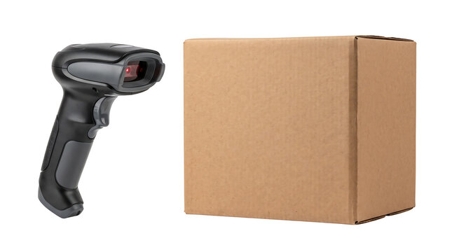 Logistics barcode scanner and cardboard box for supply chain tech