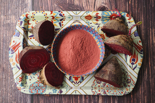 Beets and powder on a decorative tray