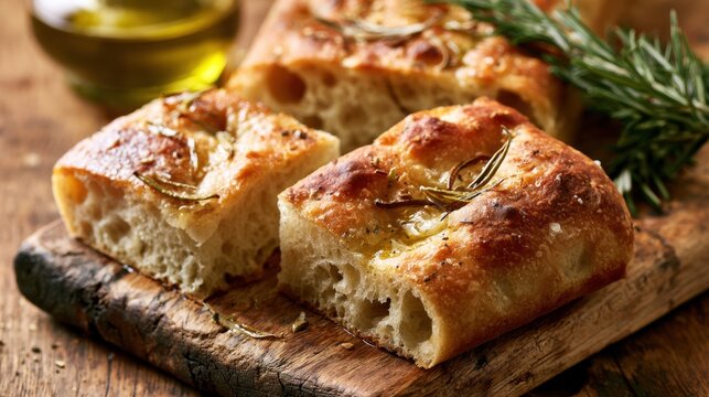 Close-up of freshly baked golden focaccia bread with rosemary herb on rustic wooden cutting board with olive oil in background warm natural light