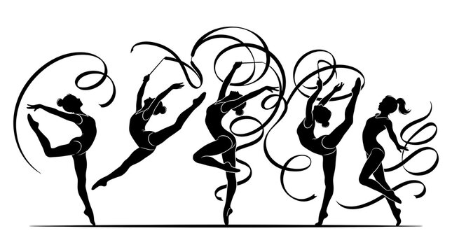 Silhouettes of rhythmic gymnasts performing with ribbons on a white background