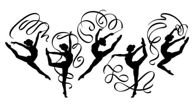 Black silhouettes of rhythmic gymnasts performing with ribbons on white background