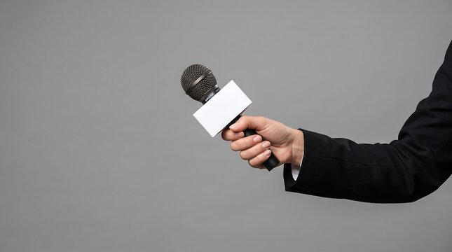 Hand holding a black microphone with a white empty space tag for news reporting and interviewing