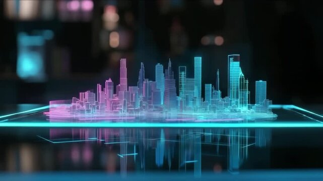 Futuristic city skyline hologram displayed on a sleek surface showcasing vibrant colors and intricate architectural details in a modern digital environment