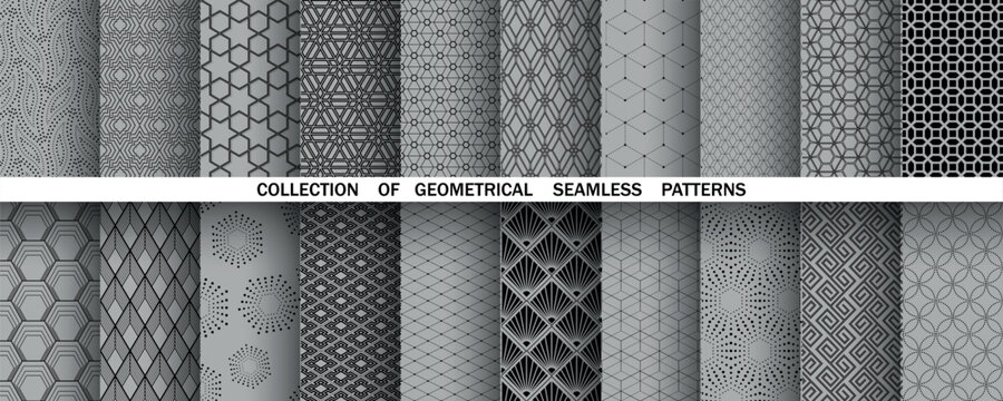 Geometric set of seamless black and gray patterns. Simple vector graphics
