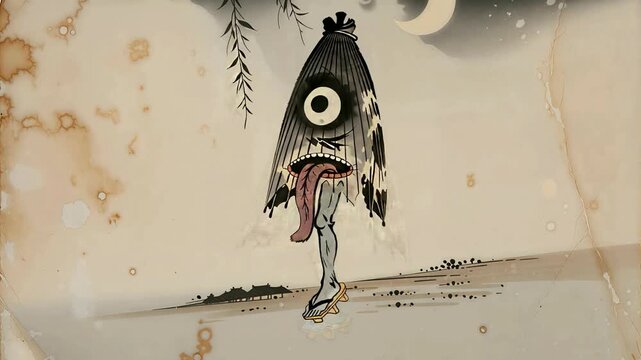 Karakasa-obake umbrella yokai dancing at night in an old Japanese ukiyo-e woodblock print, antique scroll animation