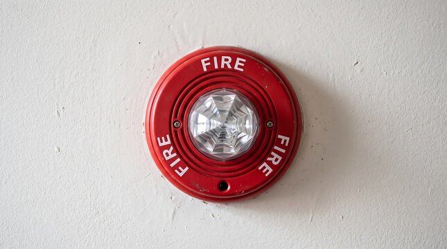 Red fire alarm strobe light mounted on a white wall for emergency safety and building security