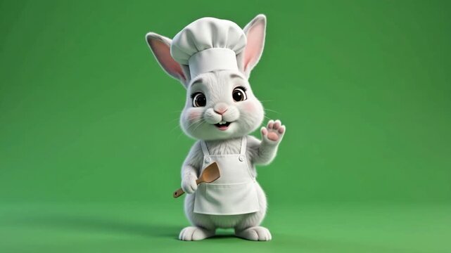 Cute Rabbit Chef With Ladle On Green Background 4k