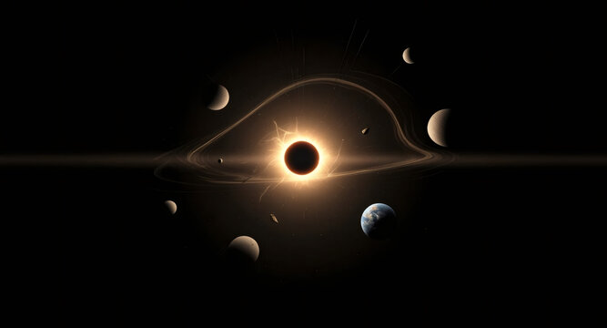 Cosmic spectacle of a black hole with orbiting celestial bodies.