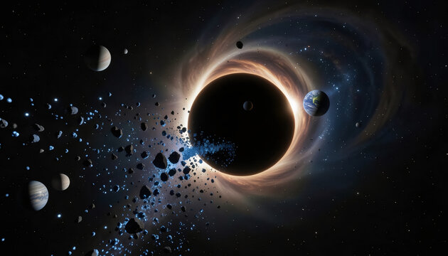 A black hole with a glowing accretion disk and surrounding celestial bodies.