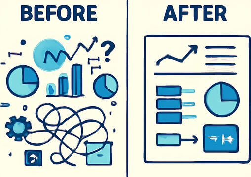 Illustration showing the transformation from a chaotic, complex mess of data and charts to a clear, organized, and understandable presentation of information.
