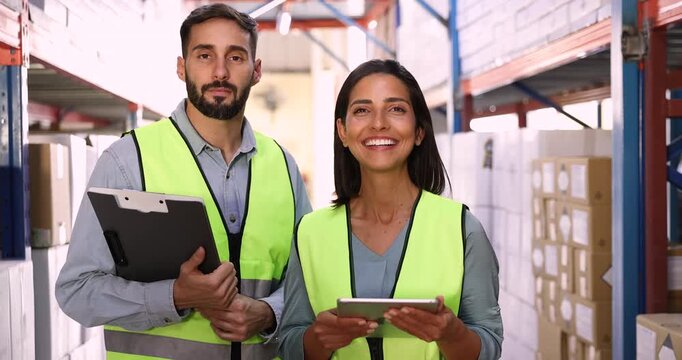 of young Latin warehouse employees in yellow vests posing for professional portrait in storage space, standing together, looking at camera, getting happy, smiling, holding pads