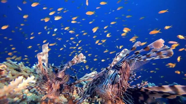 Lionfish swimming over coral reef with school of anthias fish