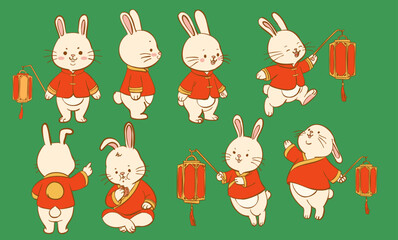 Obraz premium Cute Chinese Rabbit Character Mascot Set in Traditional Red Costume Holding Lantern and Celebrating Festival