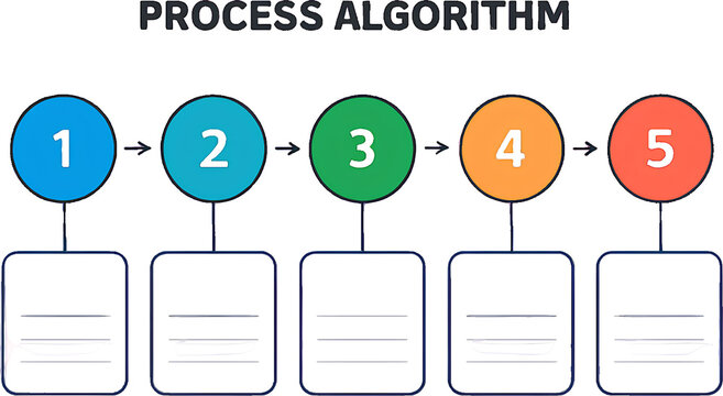 Process algorithm flowchart with five numbered steps and corresponding empty text boxes for sequential task description.