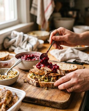 person making leftover thanksgiving turkey sandwich with cranberry sauce and stuffing - ai generated