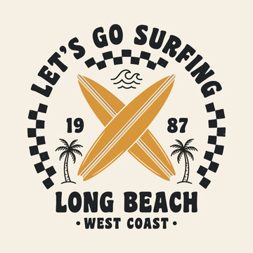 Retro Long Beach surfing poster with crossed surfboards, palm trees, West Coast typography and 1987 vintage design
