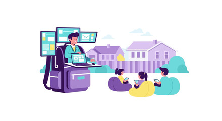 Fototapeta premium Flat Vector Illustration of Remote Work and Digital Nomad Mobile Office with Children Learning Online