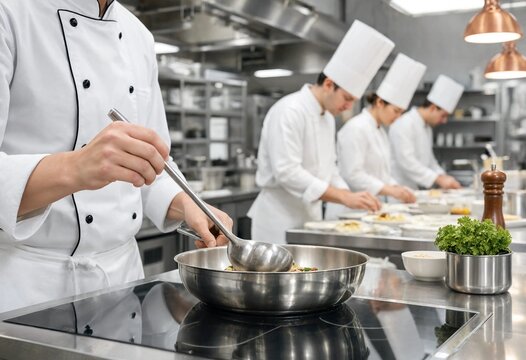 Professional chef stirring food in a stainless steel pan on an induction cooktop, surrounded by culinary staff working inside a modern restaurant kitchen.