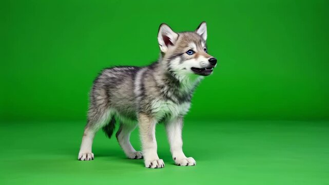 Wolf steht im Studio vor einem gr&uuml;nen Chroma Key Greenscreen