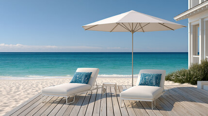 Obraz premium Serene beachfront deck with two white lounge chairs, blue pillows, large umbrella, wooden floor, and turquoise ocean under clear sky