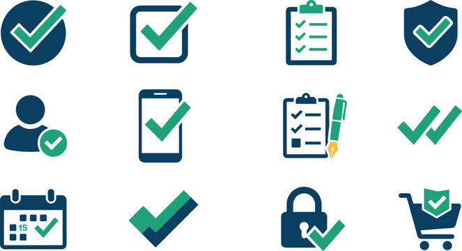 Quality assurance verification checklist flat glyph icon set featuring checkmarks clipboard user profile smartphone calendar lock shopping cart security shield layouts