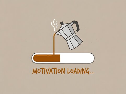 Coffee maker pouring fresh hot coffee into a loading bar graphic with text motivation loading