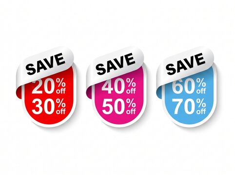Set of Colorful Discount Stickers with Percentage Off Text for Retail Sales and Promotional Marketing Campaigns