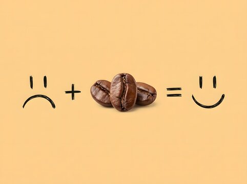 Coffee beans making sad face turn into happy smiley face concept graphic with energy boost