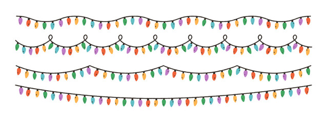 Obraz premium Christmas light garlands set. Electric bulbs on strings, holiday illumination. Xmas and New Year decoration, retro lightbulbs cord, ornament. Flat vector illustration isolated on white background