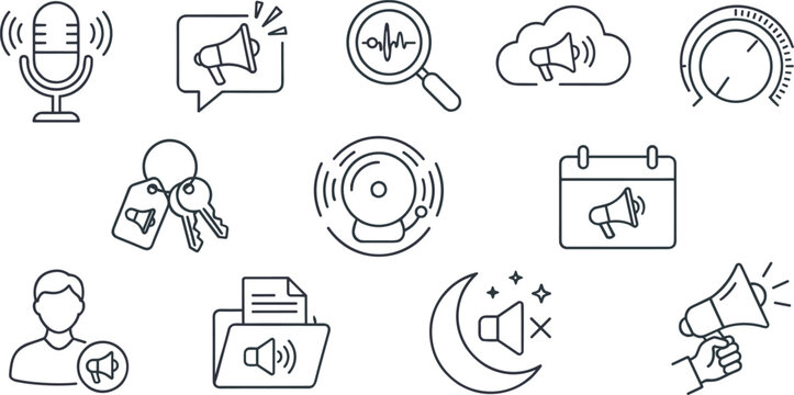 Digital marketing public broadcasting linear icon set featuring megaphones calendar notification sound dial alarm bell folder microphone moon vectors for website app presentation dashboard layout