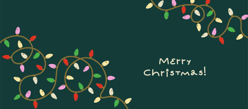 Merry Christmas banner with electric light garland. Xmas background design. Winter holiday backdrop with festive decoration, lightbulb illumination in modern retro style. Flat vector illustration