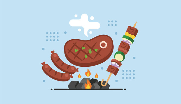 Delicious barbecue feast illustration featuring steak, sausages, and shish kebab grilling over hot burning charcoal.