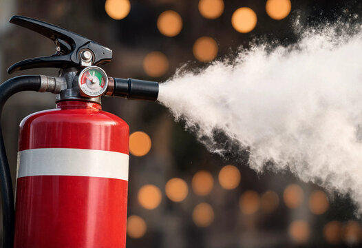Close-up red fire extinguisher actively releasing white suppressant spray, emphasizing emergency preparedness, fire safety, protection, firefighting equipment, rapid response, and prevention.